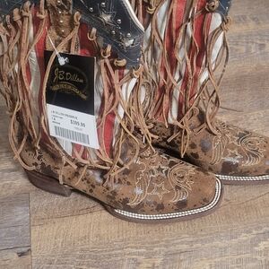 J.B. Dillon Women's Brown and Red Fringed Heeled Boots Nwt